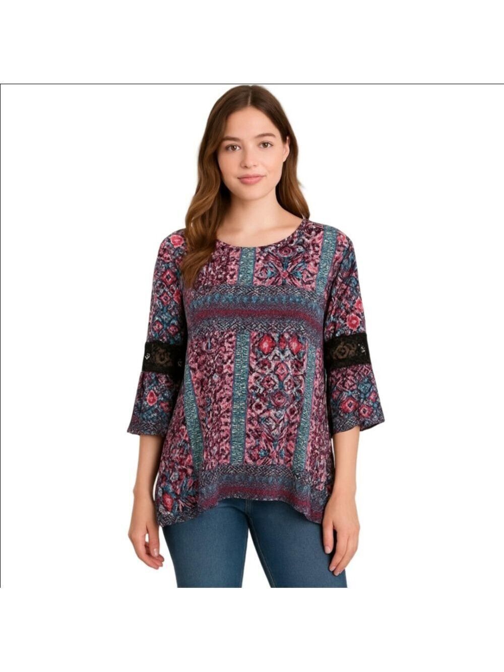 Kim Rogers Purple Black Lace Print Top Women's Size 1X